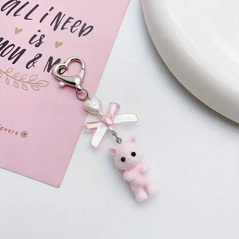 Kawaii Fuzzy Kitty Cat Keychain – Cute Heart & Bow Kitten Bag Charm