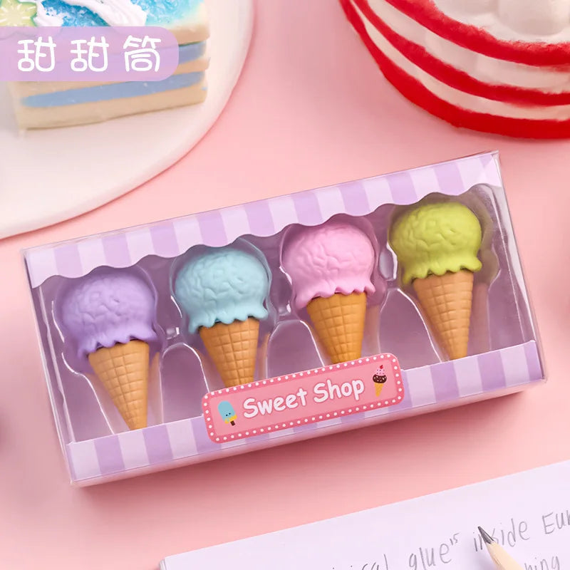 4pcs Yummy Icecream Erasers Set Mini Lollipop Dessert Popsicle Donuts Rubber Pencil Eraser for Kids Gift School Student Award