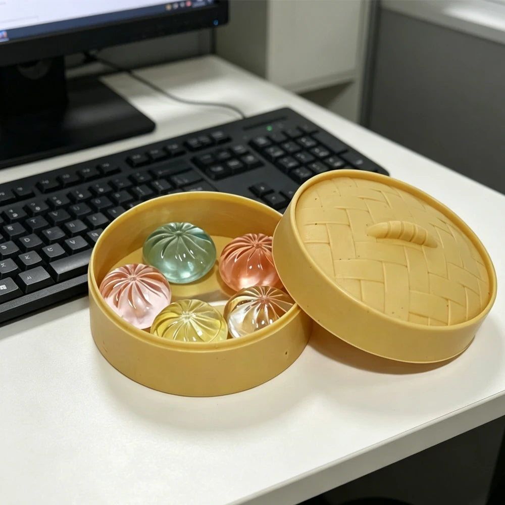 Mini Steamed Bun Squishy Toy Set – 5 Crystal Squeeze Buns with Steamer Basket | Cute Food Fidget Toy & Gift