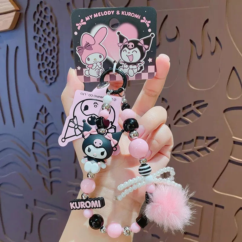 Sanrio Kuromi & My Melody Beaded Bracelet Keychain - Cartoon Bag Charm Wrist Strap Phone Anti-Lost Chain - Kawaii Gift