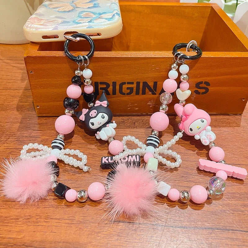 Sanrio Kuromi & My Melody Beaded Bracelet Keychain - Cartoon Bag Charm Wrist Strap Phone Anti-Lost Chain - Kawaii Gift