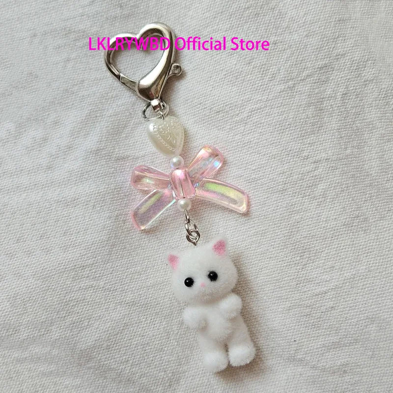 Kawaii Fuzzy Kitty Cat Keychain – Cute Heart & Bow Kitten Bag Charm