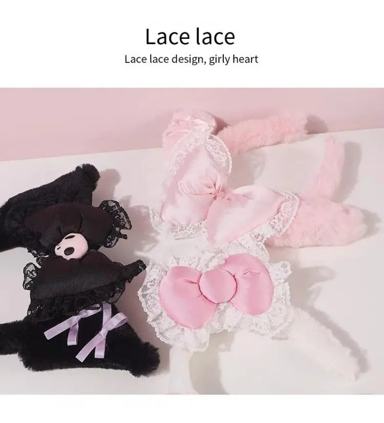 Kawaii Hello Kitty Plush Hairband My Melody Kuromi Pink Black Bow Plush Headband Cosplay Halloween Costume Hair Accessory Gift