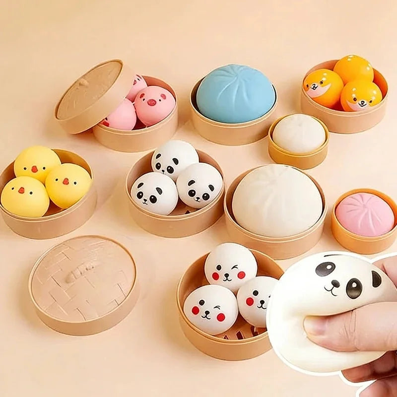 Cute Pig Panda Dumpling Squishies Toy with Steamer, Squishy Dough Ball Party Favor Stress Relief Gift, Kawaii Food Squeeze Toys