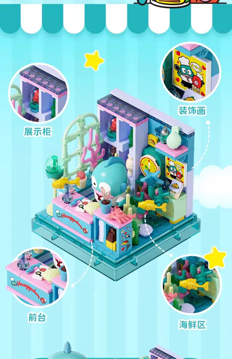 Sanrio AREA-X Building Blocks Mini Shop Set with Blind Box Kuromi Cinnamoroll Hangyodon Kawaii Bricks Girls Fans Birthday Gift