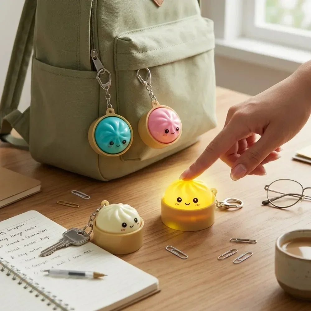 Kawaii Dumpling Light-Up Keychain - Squishy Bao Night Light Silicone Backpack Charm for Teens & Gift Decor