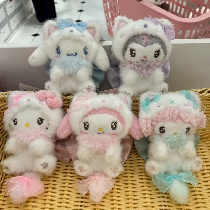 Sanrio Cream Cat Series Fluffy Tail Plush Keychain – Hello Kitty, Kuromi, My Melody & Cinnamoroll Backpack Charm