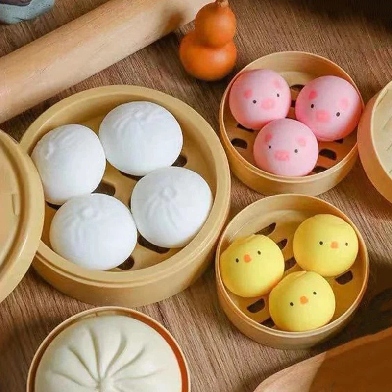 Cute Pig Panda Dumpling Squishies Toy with Steamer, Squishy Dough Ball Party Favor Stress Relief Gift, Kawaii Food Squeeze Toys