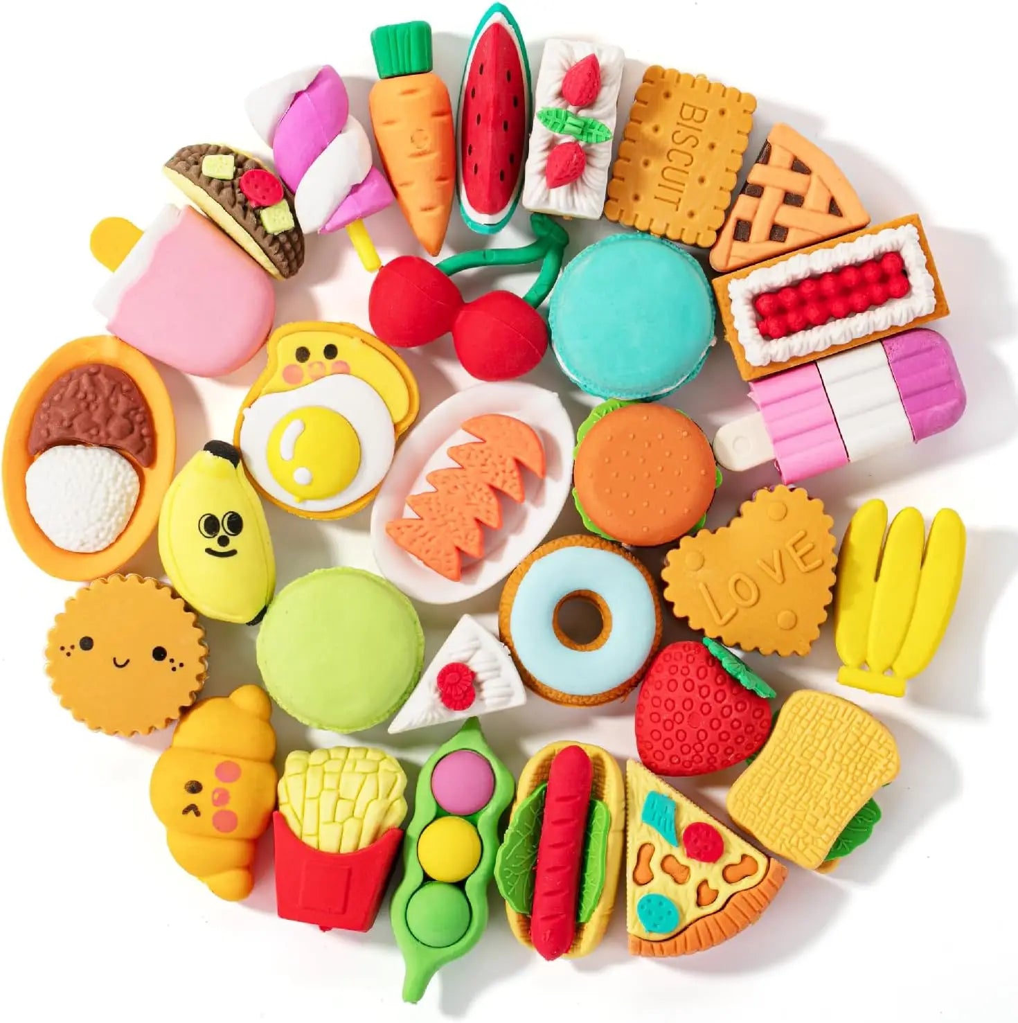 30PCS 3D Food Erasers Dessert  Pencil Erasers Bulk Puzzle Eraser Gifts for Classroom Prizes,Game Reward,Treasure Box,Party Favor