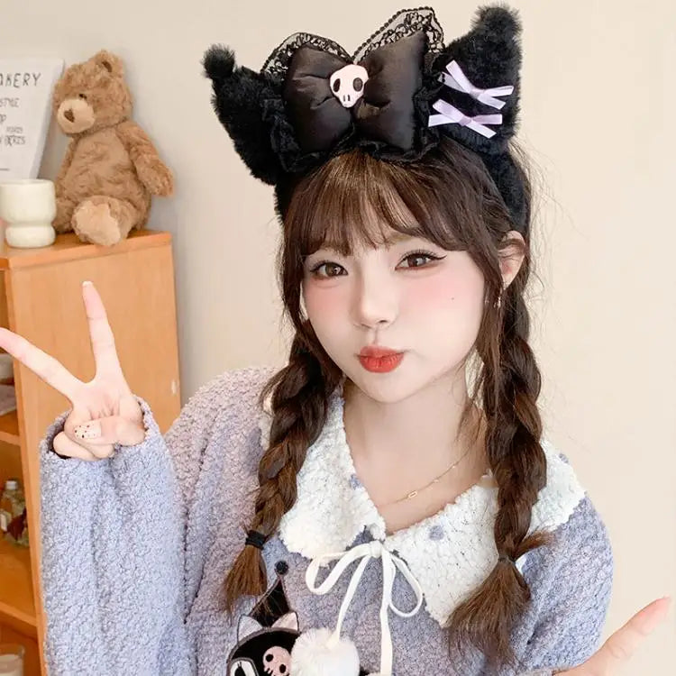 Kawaii Hello Kitty Plush Hairband My Melody Kuromi Pink Black Bow Plush Headband Cosplay Halloween Costume Hair Accessory Gift