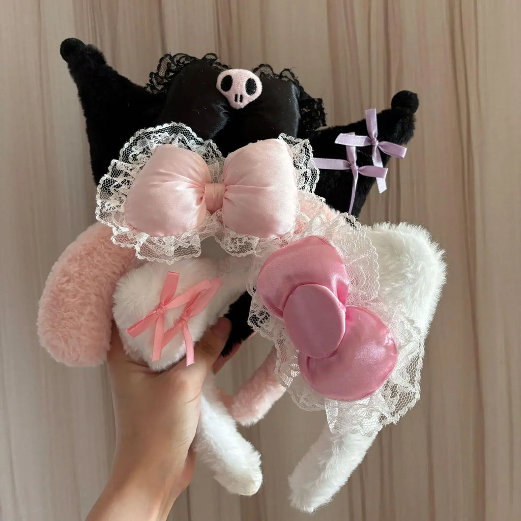 Kawaii Hello Kitty Plush Hairband My Melody Kuromi Pink Black Bow Plush Headband Cosplay Halloween Costume Hair Accessory Gift