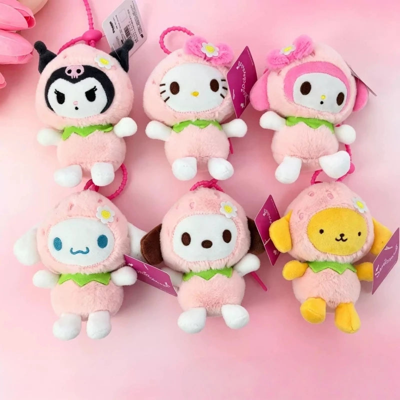 Kawaii Strawberry Outfit Sanrio Plush Keychain – Pompompurin, Cinnamoroll, My Melody & Kuromi Bag Charm