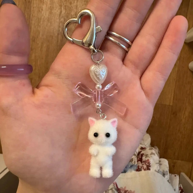 Kawaii Fuzzy Kitty Cat Keychain – Cute Heart & Bow Kitten Bag Charm