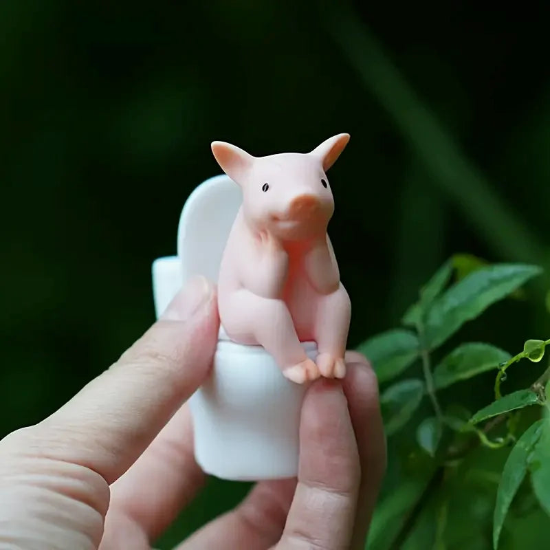 Funny Pink Pig On Toilet Figurine Cute Pvc Piggy Decor For Home Office Car Whimsical Novelty Gift For Friends Desk Ornament