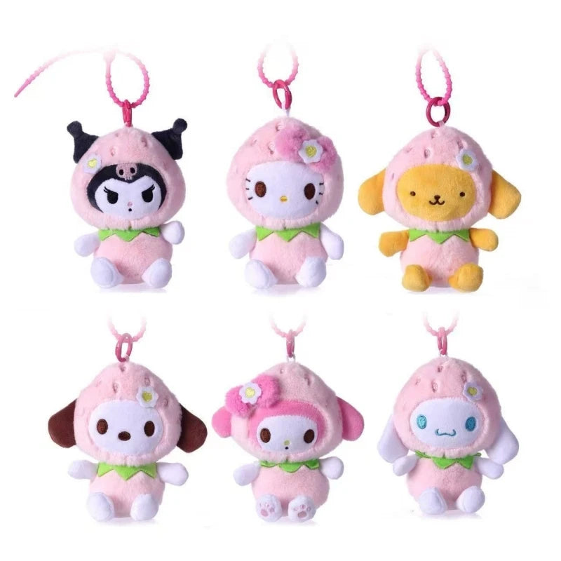 Kawaii Strawberry Outfit Sanrio Plush Keychain – Pompompurin, Cinnamoroll, My Melody & Kuromi Bag Charm