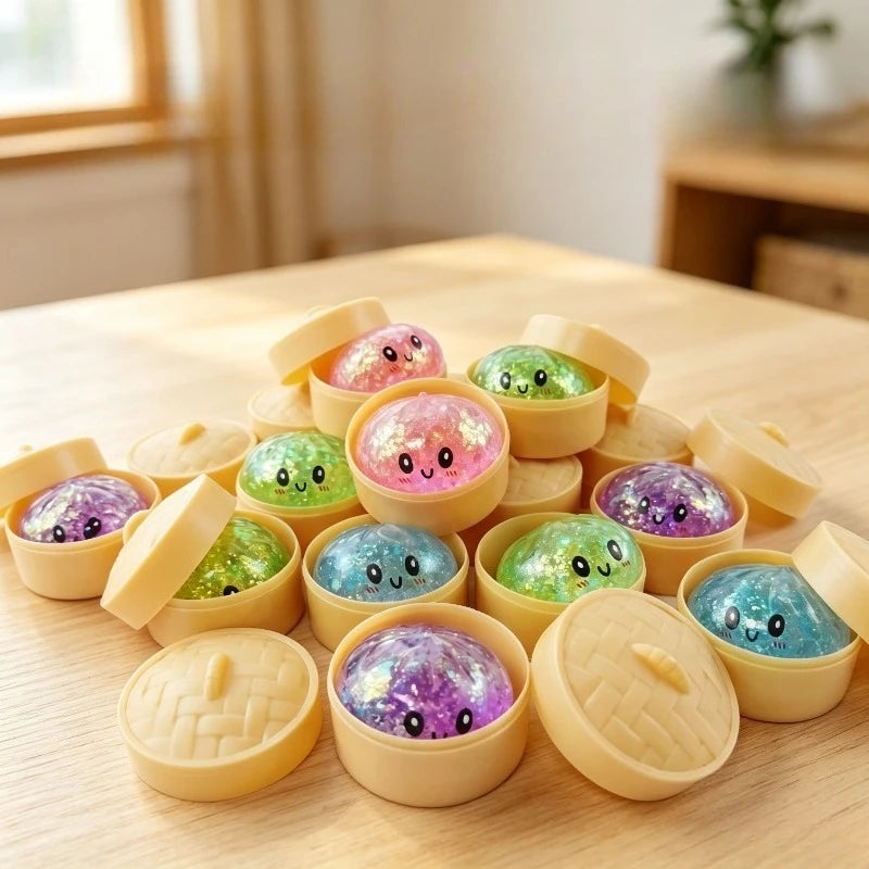 Simulation Dumpling Squishy Rebound Soft Squeeze Stress Ball With Bamboo Steamer Box Anti-Stress Toy Sensory For Creative Gift