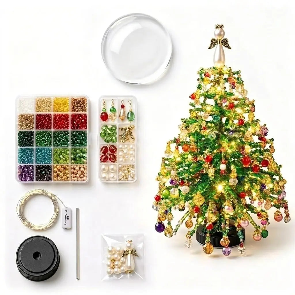 DIY Beaded Christmas Tree Kit – Crystal Bead Holiday Craft Set with LED Lights, Home Decor Gift for Adults & Kids
