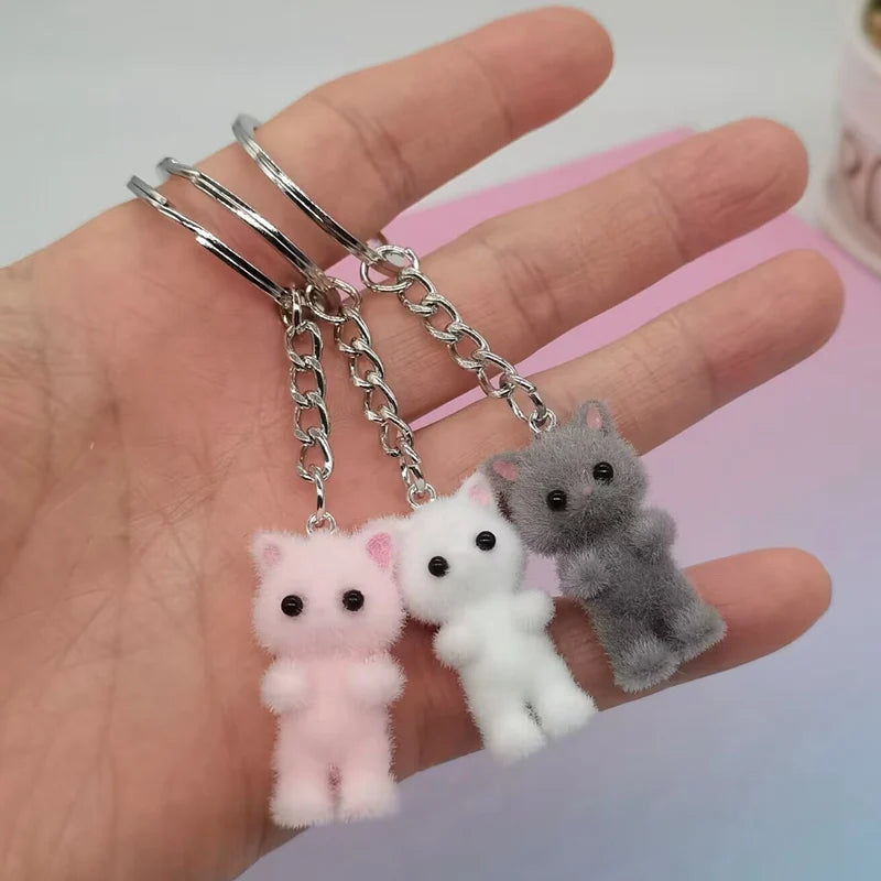 Kawaii Fuzzy Kitty Cat Keychain – Cute Heart & Bow Kitten Bag Charm