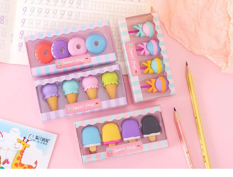 4pcs Yummy Icecream Erasers Set Mini Lollipop Dessert Popsicle Donuts Rubber Pencil Eraser for Kids Gift School Student Award