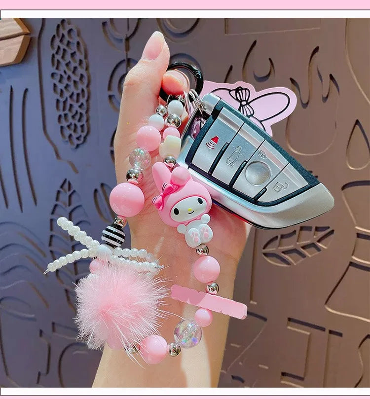 Sanrio Kuromi & My Melody Beaded Bracelet Keychain - Cartoon Bag Charm Wrist Strap Phone Anti-Lost Chain - Kawaii Gift