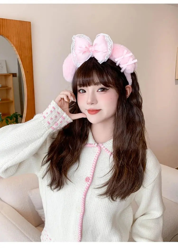 Kawaii Hello Kitty Plush Hairband My Melody Kuromi Pink Black Bow Plush Headband Cosplay Halloween Costume Hair Accessory Gift
