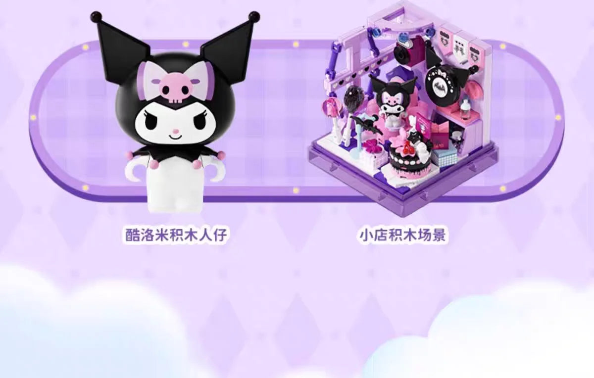 Sanrio AREA-X Building Blocks Mini Shop Set with Blind Box Kuromi Cinnamoroll Hangyodon Kawaii Bricks Girls Fans Birthday Gift