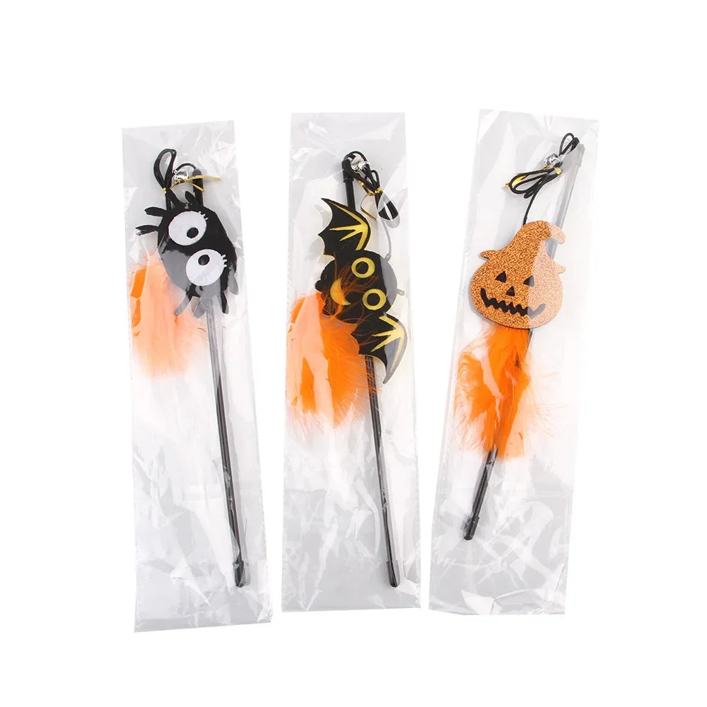 Halloween Cat Toys Interactive Wire Teasing Cat Bat Pumpkin Spider Stick Supplies Pet Toy Fun Pet Toy Pole