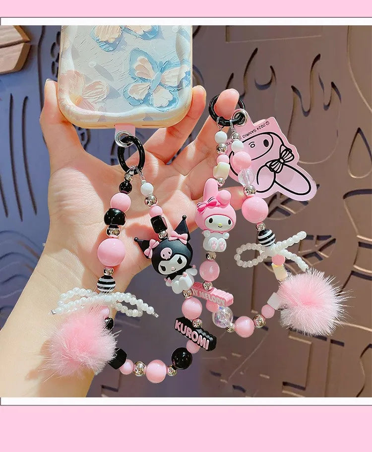Sanrio Kuromi & My Melody Beaded Bracelet Keychain - Cartoon Bag Charm Wrist Strap Phone Anti-Lost Chain - Kawaii Gift