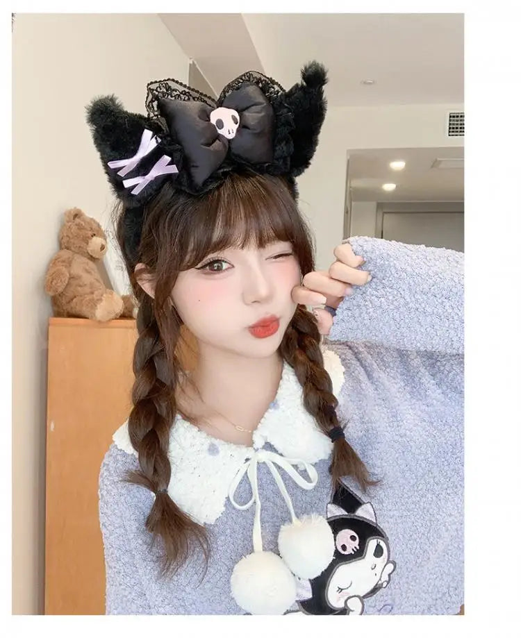 Kawaii Hello Kitty Plush Hairband My Melody Kuromi Pink Black Bow Plush Headband Cosplay Halloween Costume Hair Accessory Gift