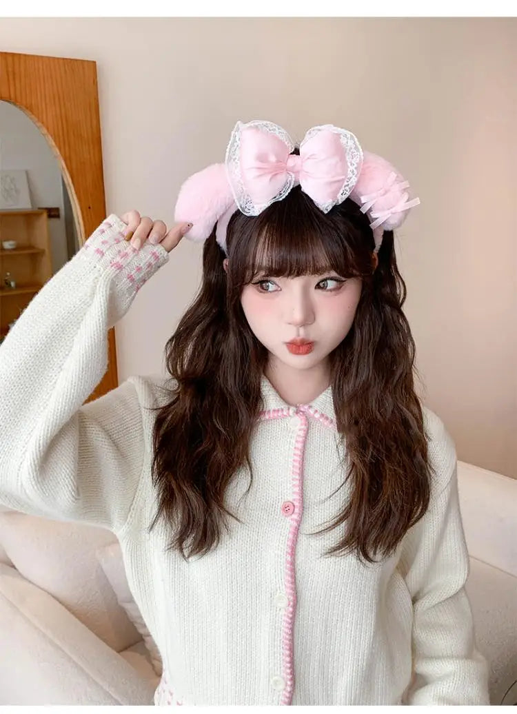 Kawaii Hello Kitty Plush Hairband My Melody Kuromi Pink Black Bow Plush Headband Cosplay Halloween Costume Hair Accessory Gift