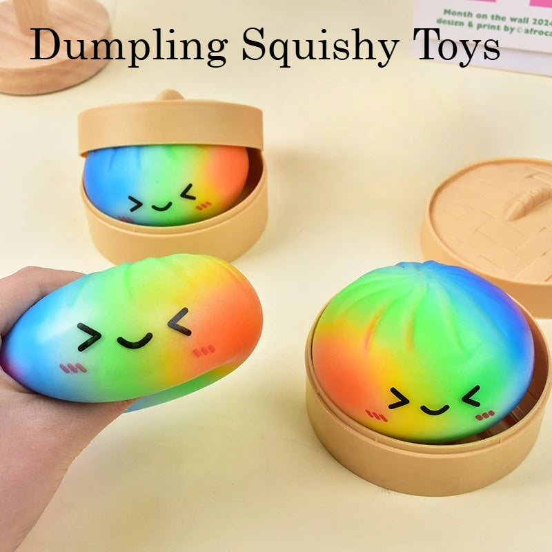Rainbow Color Dumpling Squishy Toy with Bamboo Slow Rising Stress Relief Fidget Ball Soft Squeeze Toys for Adults & Kids