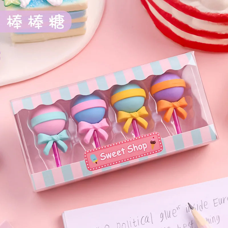 4pcs Yummy Icecream Erasers Set Mini Lollipop Dessert Popsicle Donuts Rubber Pencil Eraser for Kids Gift School Student Award