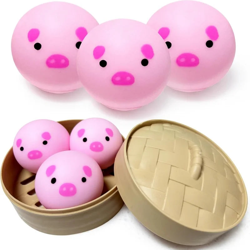 Cute Pig Panda Dumpling Squishies Toy with Steamer, Squishy Dough Ball Party Favor Stress Relief Gift, Kawaii Food Squeeze Toys