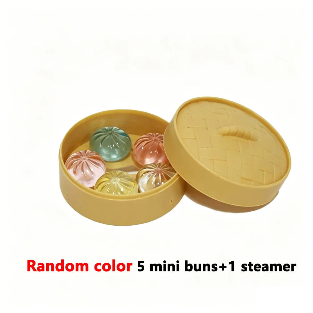 Mini Steamed Bun Squishy Toy Set – 5 Crystal Squeeze Buns with Steamer Basket | Cute Food Fidget Toy & Gift
