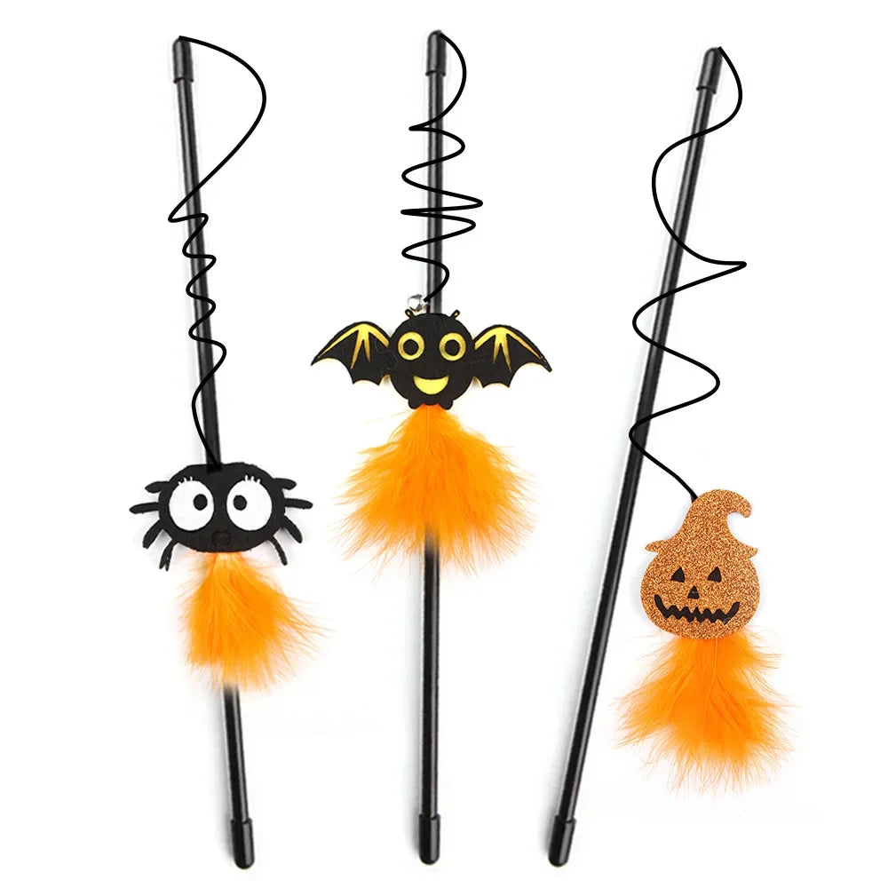 Halloween Cat Toys Interactive Wire Teasing Cat Bat Pumpkin Spider Stick Supplies Pet Toy Fun Pet Toy Pole