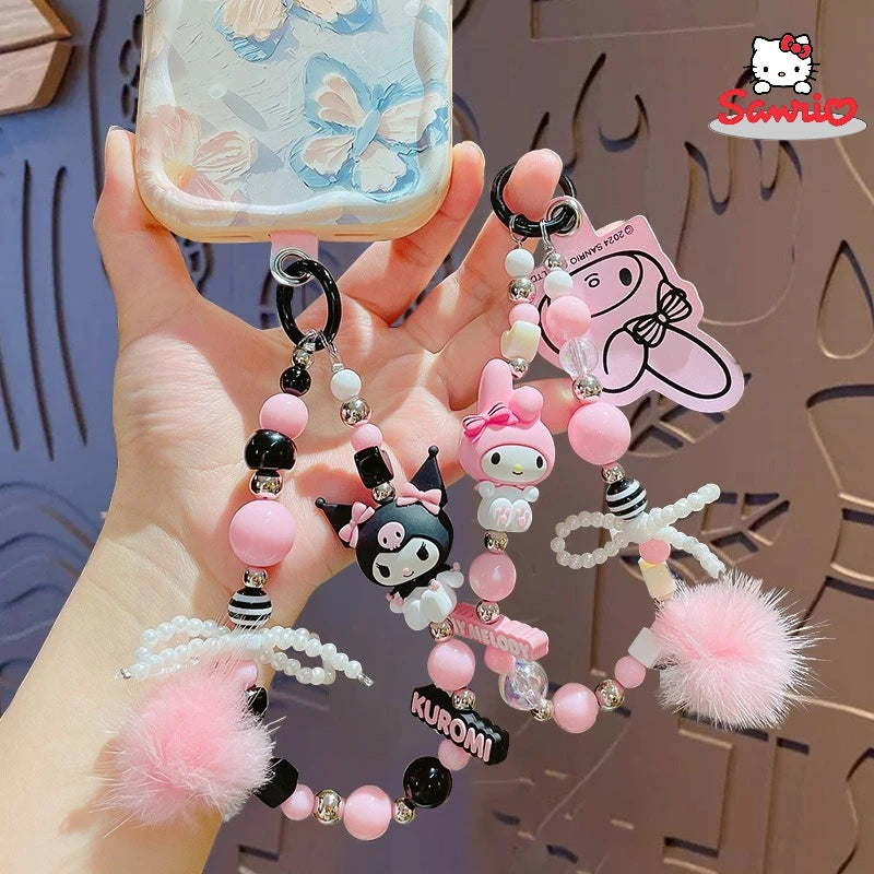 Sanrio Kuromi & My Melody Beaded Bracelet Keychain - Cartoon Bag Charm Wrist Strap Phone Anti-Lost Chain - Kawaii Gift