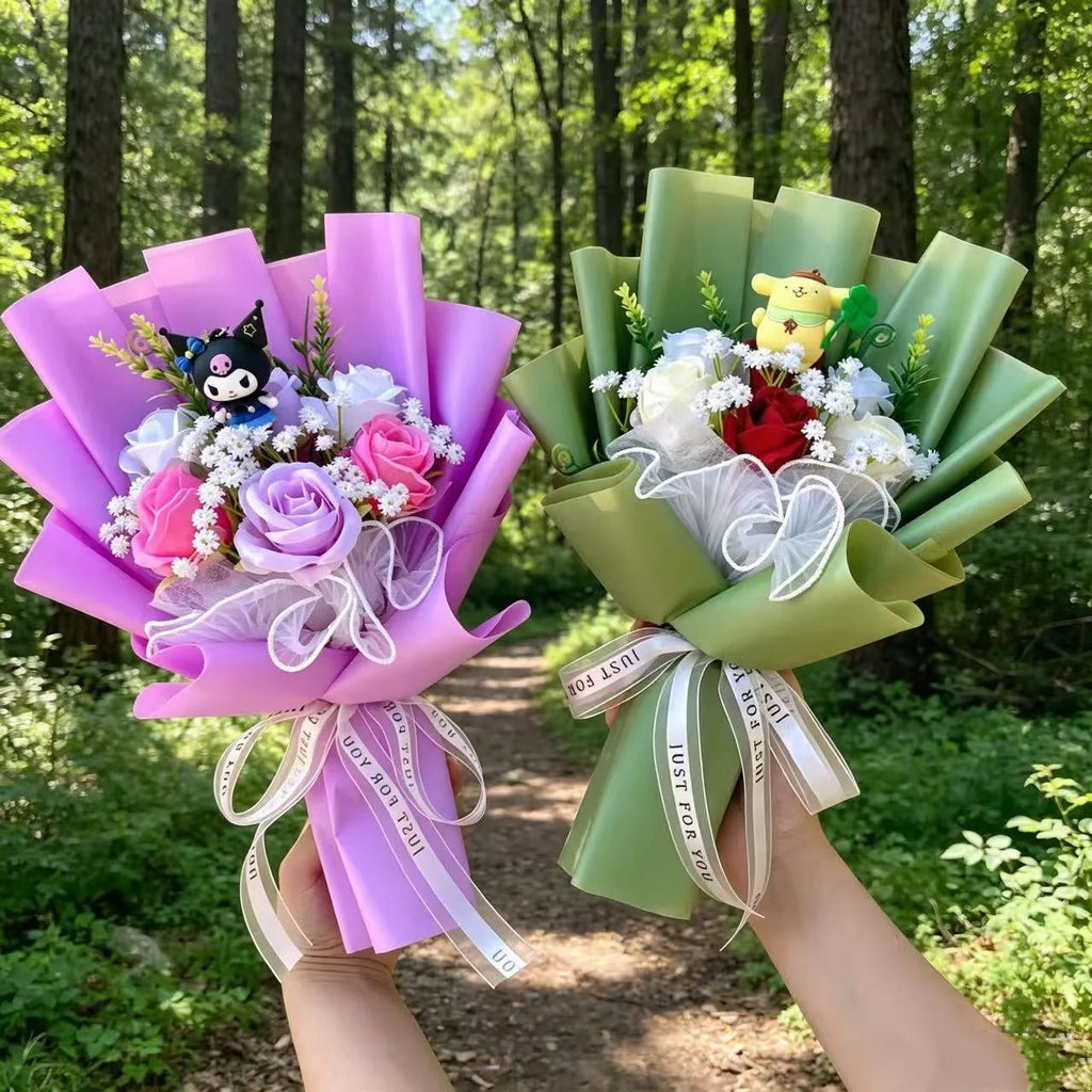 Genuine Sanrio Characters Plush Toys With Artificial Flowers Creative Handmade Bouquets Christmas Birthday New Year Gift