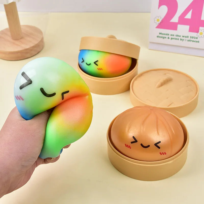 Rainbow Color Dumpling Squishy Toy with Bamboo Slow Rising Stress Relief Fidget Ball Soft Squeeze Toys for Adults & Kids
