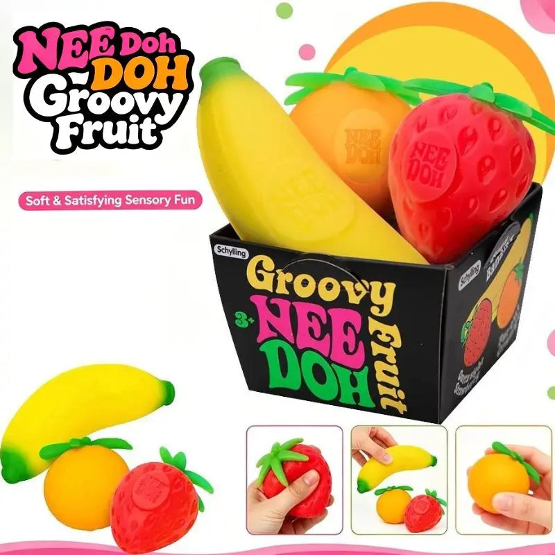 Fruit NeeDoh Squishy Toy Set – Simulated Strawberry, Banana & Orange Slow Rising Fidget Toys