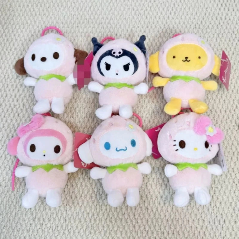 Kawaii Strawberry Outfit Sanrio Plush Keychain – Pompompurin, Cinnamoroll, My Melody & Kuromi Bag Charm