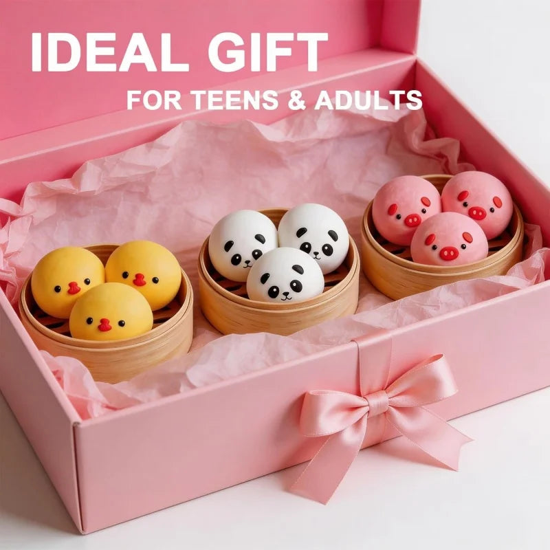 Cute Pig Panda Dumpling Squishies Toy with Steamer, Squishy Dough Ball Party Favor Stress Relief Gift, Kawaii Food Squeeze Toys