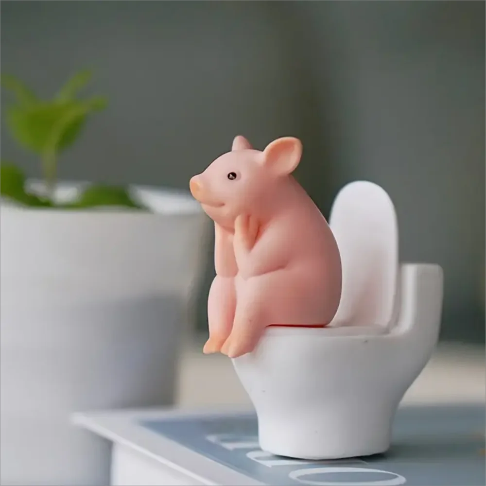Funny Pink Pig On Toilet Figurine Cute Pvc Piggy Decor For Home Office Car Whimsical Novelty Gift For Friends Desk Ornament
