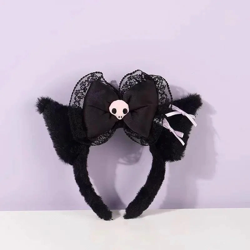 Kawaii Hello Kitty Plush Hairband My Melody Kuromi Pink Black Bow Plush Headband Cosplay Halloween Costume Hair Accessory Gift