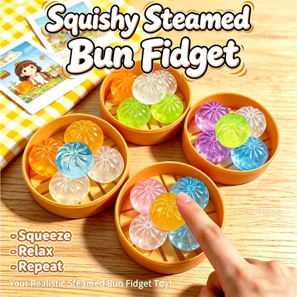 Mini Steamed Bun Squishy Toy Set – 5 Crystal Squeeze Buns with Steamer Basket | Cute Food Fidget Toy & Gift