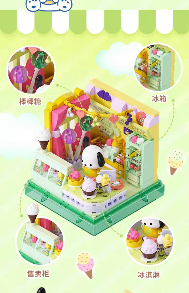 Sanrio AREA-X Building Blocks Mini Shop Set with Blind Box Kuromi Cinnamoroll Hangyodon Kawaii Bricks Girls Fans Birthday Gift