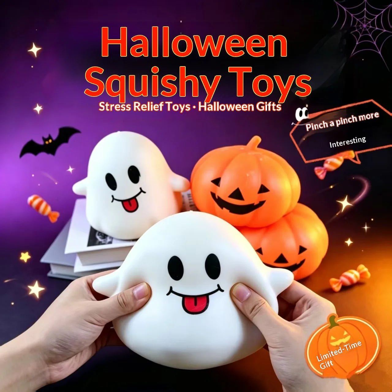 Halloween Ghost & Pumpkin Squishy Toy Set, Slow Rising Stress Relief Fidget Decompression Sensory Toy
