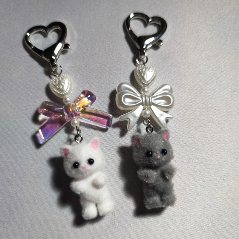 Kawaii Fuzzy Kitty Cat Keychain – Cute Heart & Bow Kitten Bag Charm