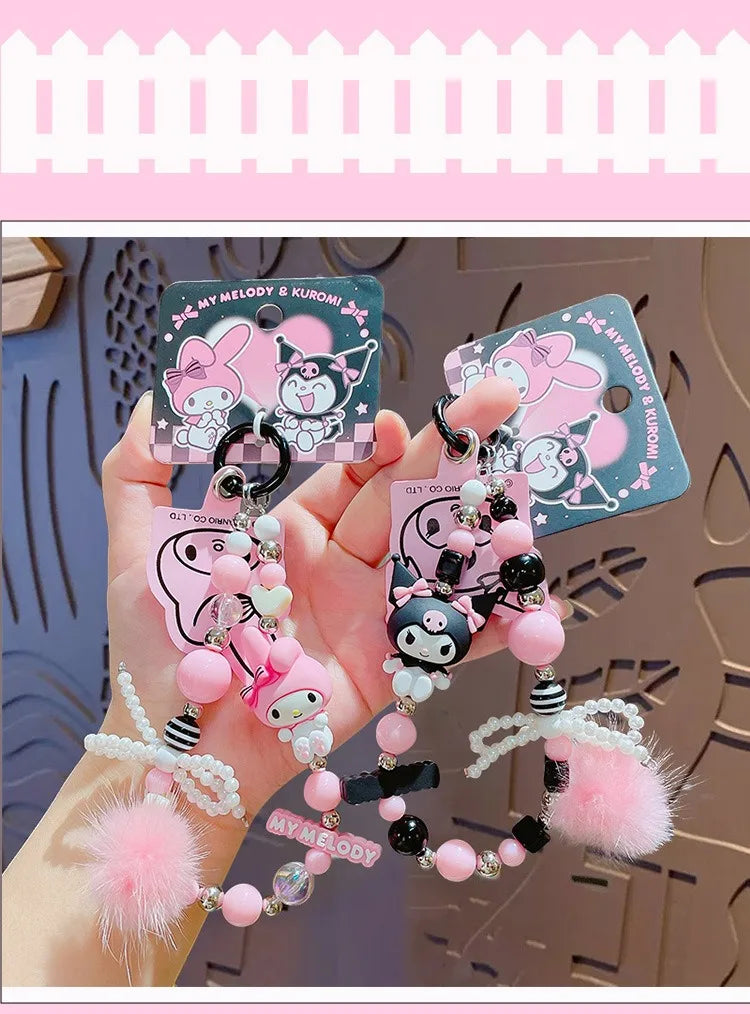 Sanrio Kuromi & My Melody Beaded Bracelet Keychain - Cartoon Bag Charm Wrist Strap Phone Anti-Lost Chain - Kawaii Gift