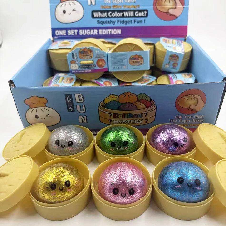 Mini Glitter Dumpling Squishy with Box Dumplings Sensory Steamer Soft Dough Ball for Decompression Fidget Toy Stress Relief Gift