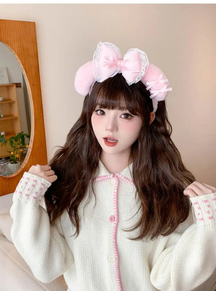 Kawaii Hello Kitty Plush Hairband My Melody Kuromi Pink Black Bow Plush Headband Cosplay Halloween Costume Hair Accessory Gift